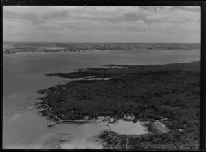 South shore of Rangitoto Island with road, baches and main wharf