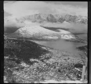 View of a snowy Queenstown and Lake Wakatipu