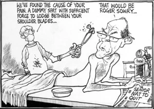 Scott, Thomas, 1947- : We've found the cause of your pain. A dummy spat with sufficient force to lodge between your shoulder blades... That would be Roger Sowry... Dominion Post, 15 July 2004.
