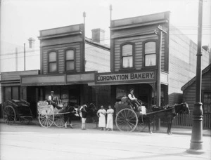 Horse drawn carts outside Taylor's Coronation Bakery, Adelaide Road, Newtown, Wellington