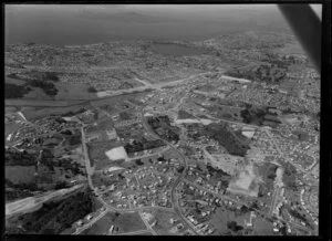 Glenfield, North Shore, looking east to Lake Pupuke and Rangitoto Island, Auckland