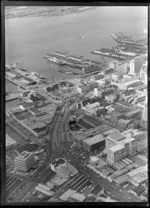 Auckland, city buildings including Farmers Trading Company, and waterfront