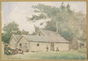 Barton, Cranleigh Harper, 1890-1975 :Old farm building at Woodstock near Waimakariri River. [ca 1950]