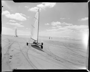 Land yachts on the beach at Waikato Heads, Franklin District