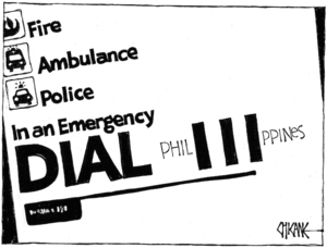 'Fire, Ambulance, Police. In an emergency DIAL Phil111ppines'. 11 August, 2008