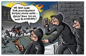 Nisbet, Alistair, 1958- :"We need more poor, downtrodden rioters down here... Quick! ring 'em on your BlackBerry!" 14 Aug 2011