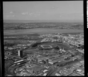 New Zealand Forest Products Ltd, (foreground) and Mt Smart Stadium, Penrose, Auckland