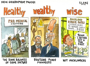 New government policies. Healthy,the bank balances of some doctors, P.H.O. Medical Centre; wealthy, boutique funds managers; wise, not Aucklanders, Auckland Kindy rates, 20 free hours, 30 rather costly hours...$$$$ "I think I better get a job first." 2 July, 2007