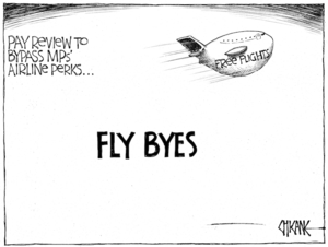 'FLY BYES'. 'Pay review to bypass MPs' airline perks...' 15 August, 2008