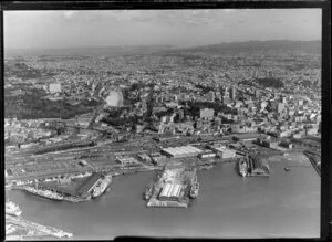 Auckland waterfront and wharves, with central view up Symonds Street