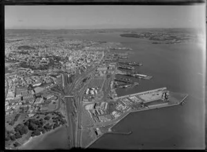 Auckland Harbour showing wharves and railyards