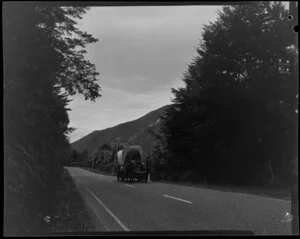 Wagon and horse on the road to Longford, Waimea County, Buller