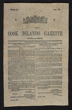 The Cook Islands gazette. Rarotonga, August, 1st 1906. Number 181.