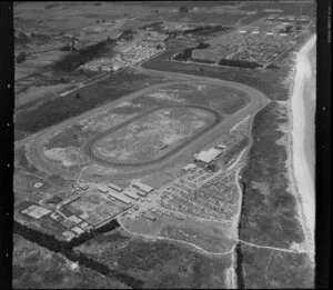 Coastal view, Ruakaka, Whangarei District, Northland Region, featuring racecourse, and including Marsden Point Power Station