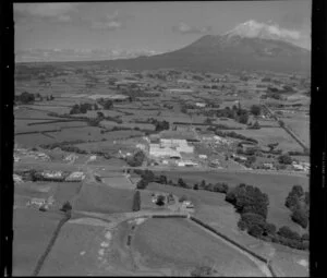Midhirst, Taranaki Region, featuring dairy factory and including Mount Taranaki in the background