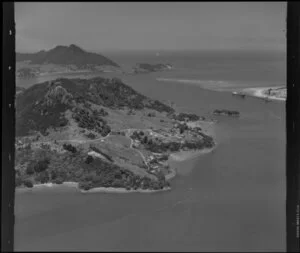 Coastal view featuring Reotahi and Darch Point, Whangarei District, Northland Region, including Marsden Point Oil Refinery in the background