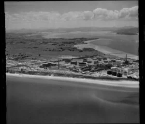 Coastal view featuring Marsden Point Oil Refinery, Whangarei Harbour, Northland Region