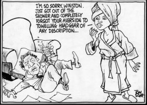 "I'm so sorry, Winston. Just got out of the shower and completely forgot your aversion to towelling headgear of any description..." 6 May, 2005.