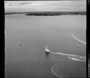 A yacht race on the Waitemata Harbour, Auckland Regatta event, Condor leading