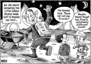As Dr Smith departed the little green people were left to ponder his visit..." "He seemed nice. Think we can be friends?" "Maybe, never forget he's from a completely different planet." 5 June, 2007
