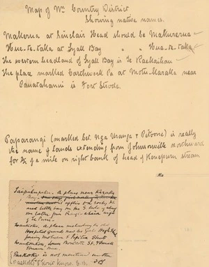 Manuscript note for Wellington Country District map shewing native names