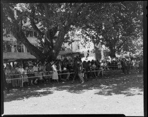 Crowd by the birdcage at Ellerslie Racecourse, Auckland