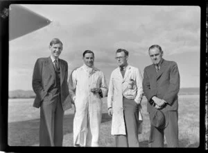 Bristol Freighter tour, Masterton, Wairarapa and Ruahine Aero Club, from left are P T Norman, C J Cunninghame, T H S Withey, M G Whiteman