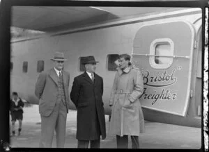 Bristol Freighter tour, Christchurch, from left are Member of Parliament W G Gooseman, Member of Parliament Sidney Holland, and M F Elliott