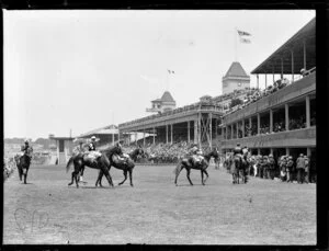 Ellerslie Racecourse, Auckland, with horses parading birdcage before the summer Auckland Cup race