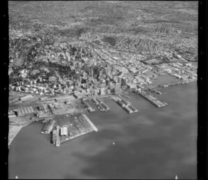 High altitude view of Waitemata Harbour, Auckland, with central city