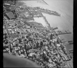 High altitude view of Waitemata Harbour, Auckland, with Queen Street