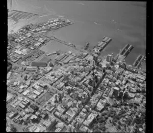 High altitude view of Waitemata Harbour wharves and Queen Street, Auckland