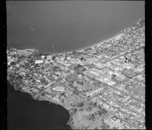 Takapuna city centre, with part of Lake Pupuke, Auckland