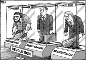 Devolution. Caveman, Neanderthal. Businessman, homo sapiens. Fishery boss, Neandertalley. 27 March, 2007.
