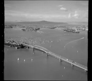 Auckland Harbour Bridge with view towards Rangitoto island