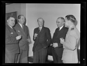 Bristol Freighter Tour, cocktail party, St George Hotel, Wellington, (from left to right) Mr F E Sander, navigator, with Messers J Sawers, C W Salmond, N E Higgs and E A Gibson