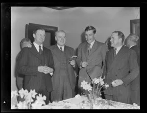 Reception for the crew of the touring Bristol Freighter at St George Hotel, Wellington, (left to right) Captain R. Ellison, Mr Price, Chairman of Wellington [Harbour Board?], Mr M F Elliot and Mr Cyril Kay, G/C