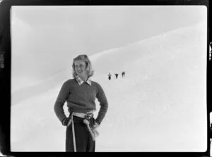 Unidentified woman on the slopes of Coronet Peak, Queenstown