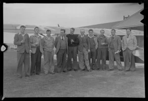 New Plymouth Aero Club, from 4th left, H W Lightband, C Plumtree, "Banger" Marton, R George, A Salter, E H Jarvis, A O Burkes