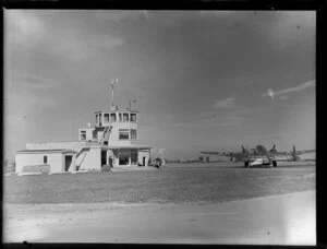 Control tower including aircraft, Harewood Airport, Christchurch