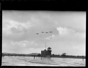 Fairey Fireflies from HMS Theseus overflying Whenuapai airbase