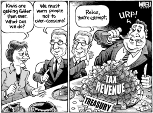 "Kiwis are getting fatter than ever. What can we do?" "We must warn people not to overconsume!" "URP!" "Relax, you're exempt." 1 March, 2007.