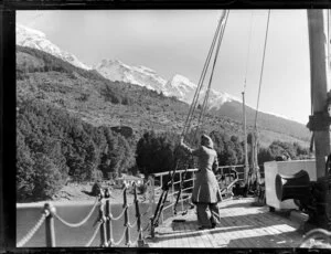 Woman on board ship, probably the SS Earnslaw, Lake Wakatipu, Central Otago