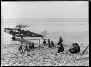 Fox Moth ZK-AEK, Air Travel Ltd, on the beach at Bruce Bay, South Westland