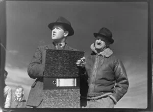 Flight Lieutenant R K Walker and Mr N A Hopkins judging the landing competition, Canterbury Aero Club