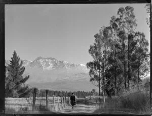 Man walking down a mown path near Queenstown with the Remarkables in the distance