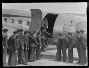 ATC [Air Training Corps] weekend camp, Whenuapai. Cadets lining up to inspect RNZAF Dakota aircraft
