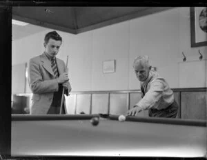 Messrs T Law and E V West, Palmerston North, Middle Districts Aero Clubhouse, playing billiards