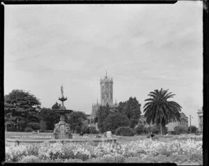Flower bed and fountain, Albert Park, looking toward University of Auckland