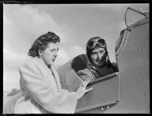 Miss S Murphy and Miss M Gale, (seated in plane), Palmerston North, Middle Districts Aero Club pilots